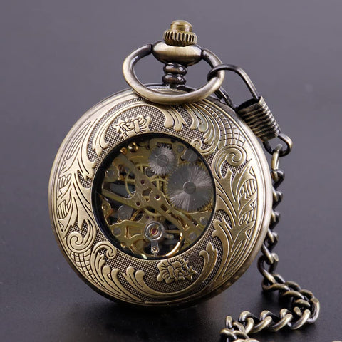 Dope Vintage Mechanical Steampunk Skeleton Pocket Watch with carved pattern and visible gears on black background