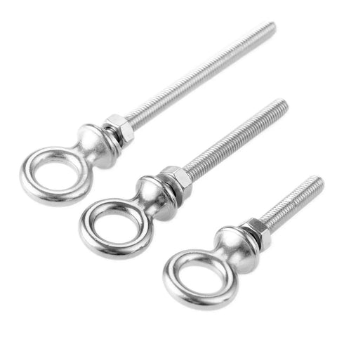 Heavy-Duty Marine Grade 316 Stainless Steel Lifting Eye Bolts Set With Nuts And Washers, Long Eyebolts For Boat Rigging, Includes M10x100 And M12x120, Corrosion-Resistant, Easy Install, Durable Industrial Hardware, three bolts shown