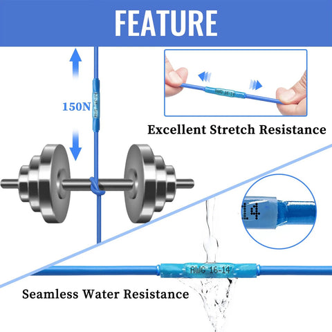 Blue heat-shrink insulated butt connectors on blue wire; waterproof automotive electrical splice set by Amazon