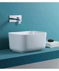 USZWBY Bathroom Vessel Sink White Bathroom Sink Fillet Deepen Basin Design Ceramic Vessel Sink Art Basin Above Counter Bathroom Sink on teal wall.