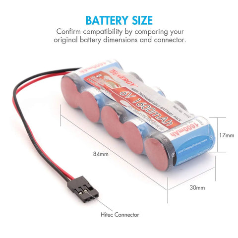 Two Pack 6V NiMH RC Receiver Battery Pack With Hitec Connector 1600mAh High Capacity Flat Side By Side RX Battery for cars and planes