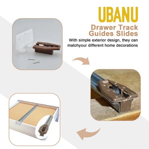 Top Shelf Bottom Mount Drawer Slide Guides 12 Pack Plastic Track Rails, brown and white plastic slide components and screws.
