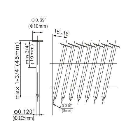 Technical diagram of nails used with Next Generation Pneumatic 15 Degree One And Three Quarters Inch Coil Roofing Nailer