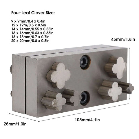 Four Leaf Clover Punch Die Disc Set With Six Steel Hole Punches for Jewelry Making, side view showing punch die sizes