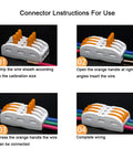 Premium SPL-3 Lever Nut Wire Connectors Set, showing installation steps for 3 Way 6 Port Compact Splice Connectors.