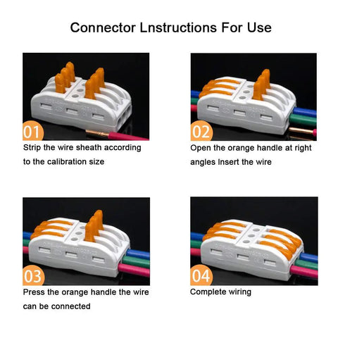 Premium SPL-3 Lever Nut Wire Connectors Set, showing installation steps for 3 Way 6 Port Compact Splice Connectors.