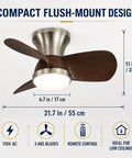 MADISH Walnut 21.7 Inch Flush Mount Ceiling Fan with Lights and Remote, compact design with 3 blades, ideal for low ceilings.