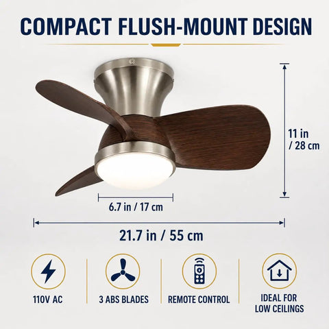 MADISH Walnut 21.7 Inch Flush Mount Ceiling Fan with Lights and Remote, compact design with 3 blades, ideal for low ceilings.