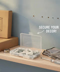 100 Piece White PP Drywall Anchor And Screw Kit With Self Tapping M3x25 Plugs on a shelf with tools and packaging.