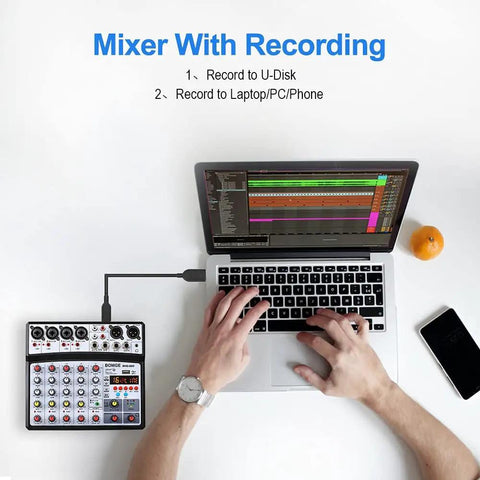 Six Channel Audio Mixer For Live Streaming Karaoke And Home Studio Recording With USB MP3 Bluetooth on desk with laptop