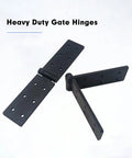 Beefy Heavy Duty Gate Butt Hinges for Wooden Fences and Shed Doors, matte black iron, displayed open and closed.