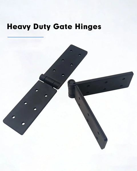 Beefy Heavy Duty Gate Butt Hinges for Wooden Fences and Shed Doors, matte black iron, displayed open and closed.