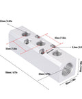 2 Pack Aluminum Air Manifold 3 Way 5 Port Pneumatic Distribution Block For Air Compressor With measurement annotations.