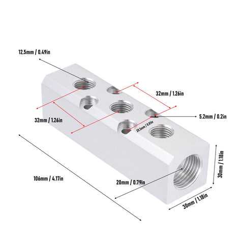 2 Pack Aluminum Air Manifold 3 Way 5 Port Pneumatic Distribution Block For Air Compressor With measurement annotations.