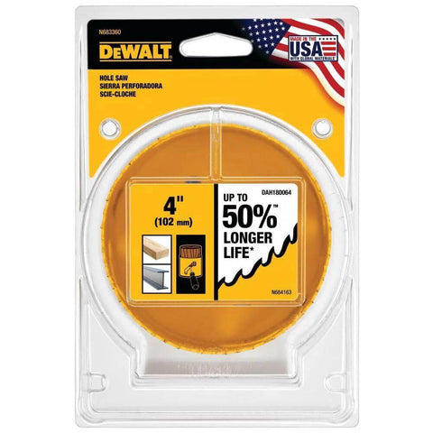 DEWALT 4-inch hole saw in yellow packaging, 102 mm diameter