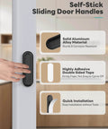 Stick-On 4 Inch Aluminum Drawer Pulls, One-Piece Rust-Proof Push-Pull Knobs For Kitchen Cabinets, Closets, Glass Sliding Barn Doors, Wardrobes, Windows, And Balcony Doors, Black, installed on glass sliding door, highlighting adhesive feature.