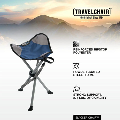 Slacker Tripod Camp Chair With Lightweight Frame And Adjustable Carry Strap, Oversized Duck Feet, durable steel frame, blue seat.