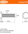 Diagram of M8 x 50mm Beefy Heavy Duty Hex Bolts 8.8 Grade Alloy Steel Galvanized Finish Fully Threaded Metric with measurements
