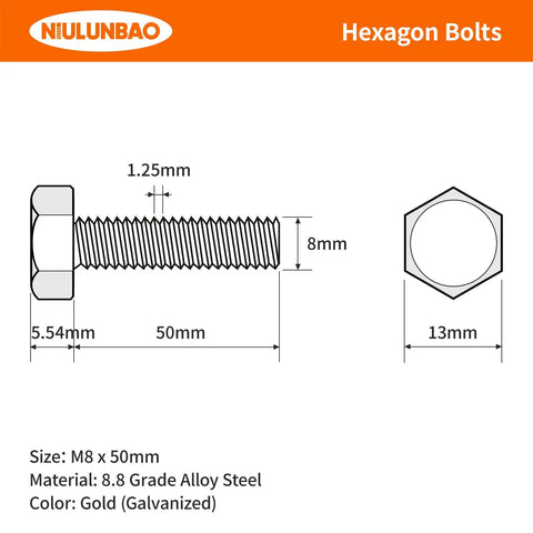 Diagram of M8 x 50mm Beefy Heavy Duty Hex Bolts 8.8 Grade Alloy Steel Galvanized Finish Fully Threaded Metric with measurements