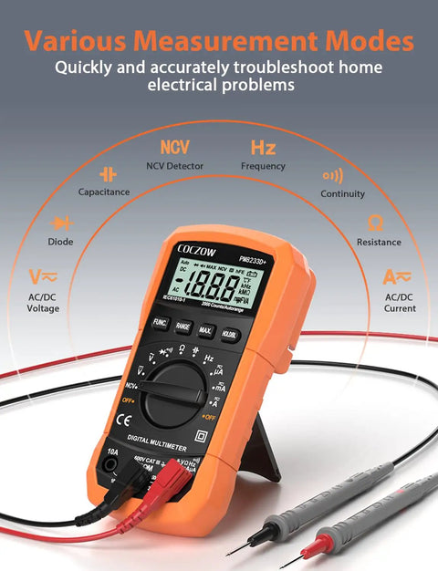 High Sensitivity Digital Multimeter Tester For AC DC Voltage And Current Resistance Diodes Continuity NCV Circuit Checker Transistor Test 600V Range 10A Max Auto Overload Protection Ideal For DIY Electronics Black, showing various measurement modes