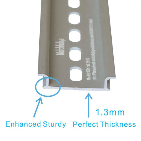 Close-up of Two Piece DIN Rail Slotted Aluminum Alloy Channel with Anodized Finish, highlighting 1.3mm thickness.