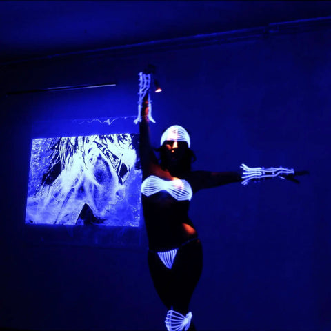 Dancer in glowing costume under 180W UV LED Par Light With DMX Control, Pro Blacklight Strobe And Wash Fixture For Glow Parties Concerts