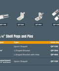 Rock Solid 1/4 Inch Spoon Shelf Pins 200 Pack Premium Stainless Steel Nickel Plated Pegs in assorted shapes for cabinets.