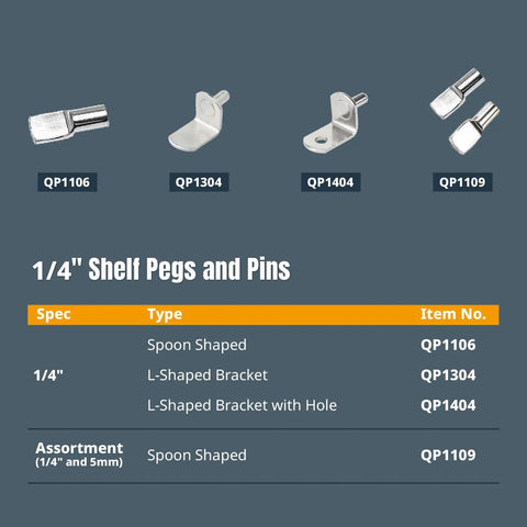 Rock Solid 1/4 Inch Spoon Shelf Pins 200 Pack Premium Stainless Steel Nickel Plated Pegs in assorted shapes for cabinets.