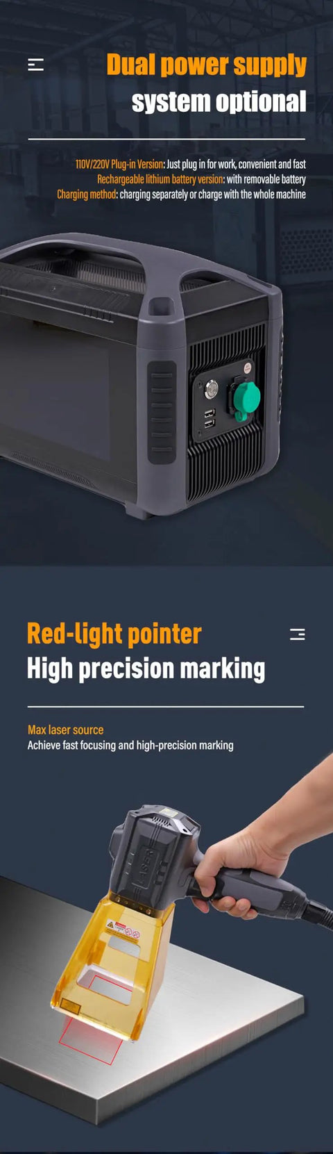 Close-up of 30W Portable Fiber Laser Engraver Handheld Marker for Metal with dual power supply and red-light pointer.