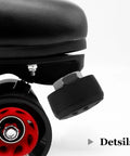Close-up of black roller skate toe stopper with adjustable bolt, non-marking, for outdoor skating, shown with a red wheel.