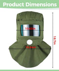 Heavy Duty Sandblasting Hood with Curved PC Lens and Thickened Canvas Shawl Cover product dimensions showing height and width.