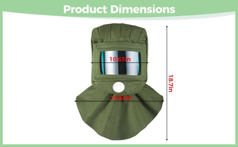 Heavy Duty Sandblasting Hood with Curved PC Lens and Thickened Canvas Shawl Cover product dimensions showing height and width.