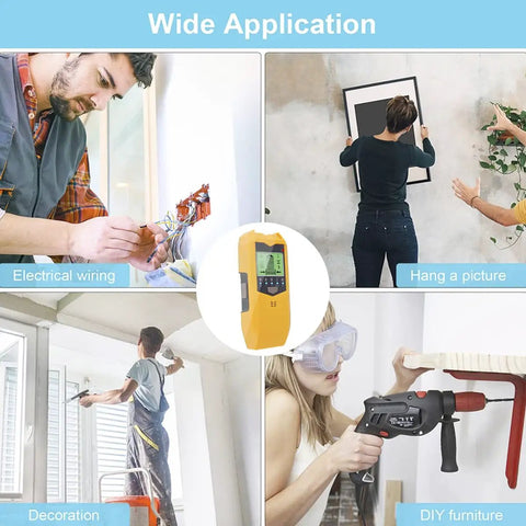Heavy Duty 5 In 1 Electronic Stud Finder And Wall Scanner With Bright Lcd Display Along With Sharp Audio Alert For Dead Center Locate On Wood Frames Steel Pipes Live Ac Wiring Behind Drywall No Sweat Setup Contractor Pick Yellow