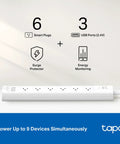 Matter Compatible Smart WiFi Power Strip Offering Individual Outlet Control And Live Energy Tracking To Keep All Your Gear Fully Charged Slash Monthly Bills And Guard Your Rig Against Power Spikes For Bedroom Or Office Boss Setups with six smart plugs and three USB ports.