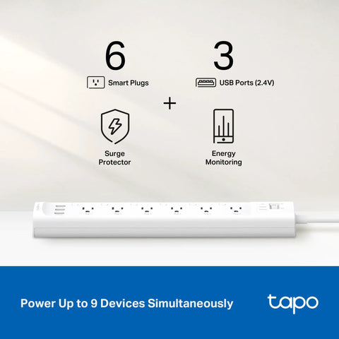 Matter Compatible Smart WiFi Power Strip Offering Individual Outlet Control And Live Energy Tracking To Keep All Your Gear Fully Charged Slash Monthly Bills And Guard Your Rig Against Power Spikes For Bedroom Or Office Boss Setups with six smart plugs and three USB ports.