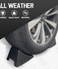 4 Pack Wheel Chocks For Travel Trailers And RVs, Non Slip Stackable And Lightweight Wheel Stoppers For Cars Campers And Trucks, 8.1 By 6.1 By 4.5 Inches, Black, shown under car tire