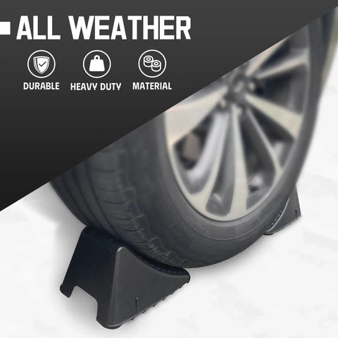 4 Pack Wheel Chocks For Travel Trailers And RVs, Non Slip Stackable And Lightweight Wheel Stoppers For Cars Campers And Trucks, 8.1 By 6.1 By 4.5 Inches, Black, shown under car tire