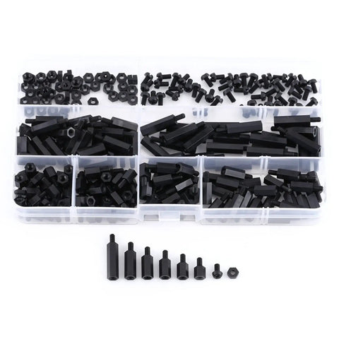 250 Piece Nylon Separation Spacer Set For PCBs, Acid Resistant Insulation, Hexagonal M3 Spacers, Male And Female Type A Columns, Durable PA66 Nylon Pro Grade For Reliable Electronics Assembly, assorted black spacers in organizer