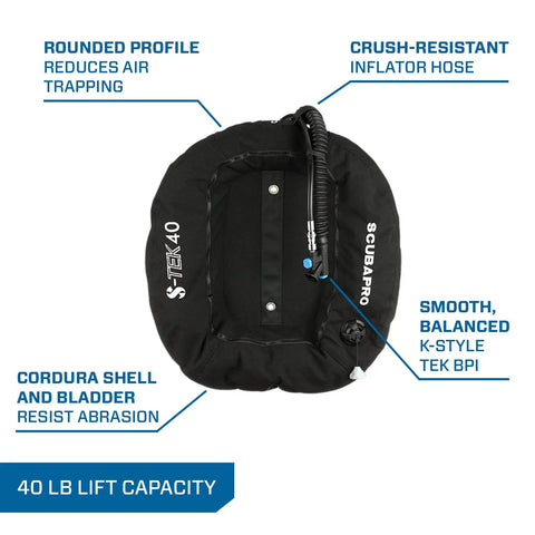 Donut Wing For Technical Scuba Diving With Inflator Hose And K Style BPI 40 Lbs 18 Kg Capacity Black Ultra Durable 1000D Cordura Outer Shell And 500D Inner Bladder Eco Friendly Dope Dyed Fabric For Abrasion Resistance.