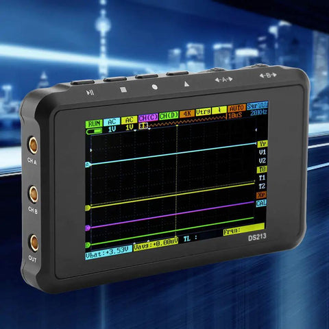 DS213 Tablet Oscilloscope displaying waveform on large screen with city lights in background, 4 Channel Handheld Digital Storage Scope Kit