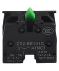 Five Piece Heavy Duty Push Button Switch Normal Open Configuration, black switch with green button, rated 10 Amp 415 Volt, for industrial use.