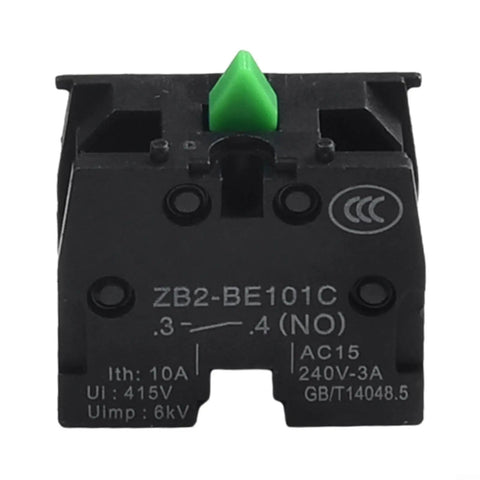 Five Piece Heavy Duty Push Button Switch Normal Open Configuration, black switch with green button, rated 10 Amp 415 Volt, for industrial use.