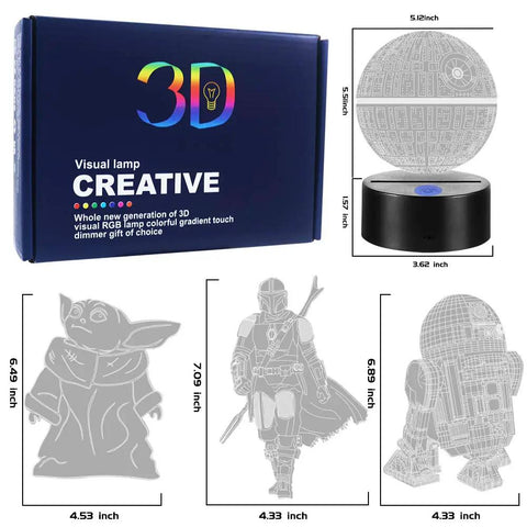 Four Pattern 3D Illusion Lamp With Sixteen Color LEDs Timed Remote Realistic 3D Night Light with sci-fi design plates.