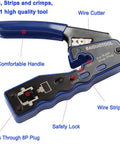 Pro Grade Pass Through RJ45 Crimp Tool Kit With Cutter For Cat5 Cat5e Cat6 Cat6a 8P8C Modular Connectors, ergonomic handle visible