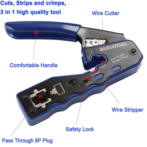 Pro Grade Pass Through RJ45 Crimp Tool Kit With Cutter For Cat5 Cat5e Cat6 Cat6a 8P8C Modular Connectors, ergonomic handle visible
