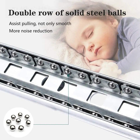 Close-up of 220kg capacity Beefy Extra Long Full Extension Drawer Slides 60 to 80 inches with steel ball bearings and quiet operation.