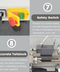 Precision Benchtop Metal And Wood Lathe Machine With 1100 Watt Brushless Motor Variable Speed Control showing safety switch and accurate tailstock.