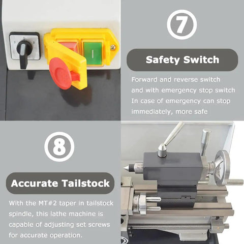 Precision Benchtop Metal And Wood Lathe Machine With 1100 Watt Brushless Motor Variable Speed Control showing safety switch and accurate tailstock.