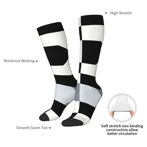 Black And White Piano Grid Thigh High Socks Unisex Breathable Moisture Wicking Crew Socks For Women Men with high stretch design.
