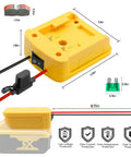 Dimensions and features of Universal Battery Adapter For 20V And 18V Drill Packs To Power RC Cars, Trucks, And Robotics, 12AWG wire